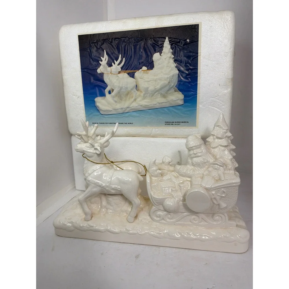 Christmas Around the World Porcelain Sleigh Musical Santa Reindeer 54-247 White